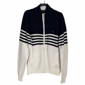 Tommy Hilfiger Men’s Navy & White Stripe Full Zip Cotton Sweater Nautical Size L